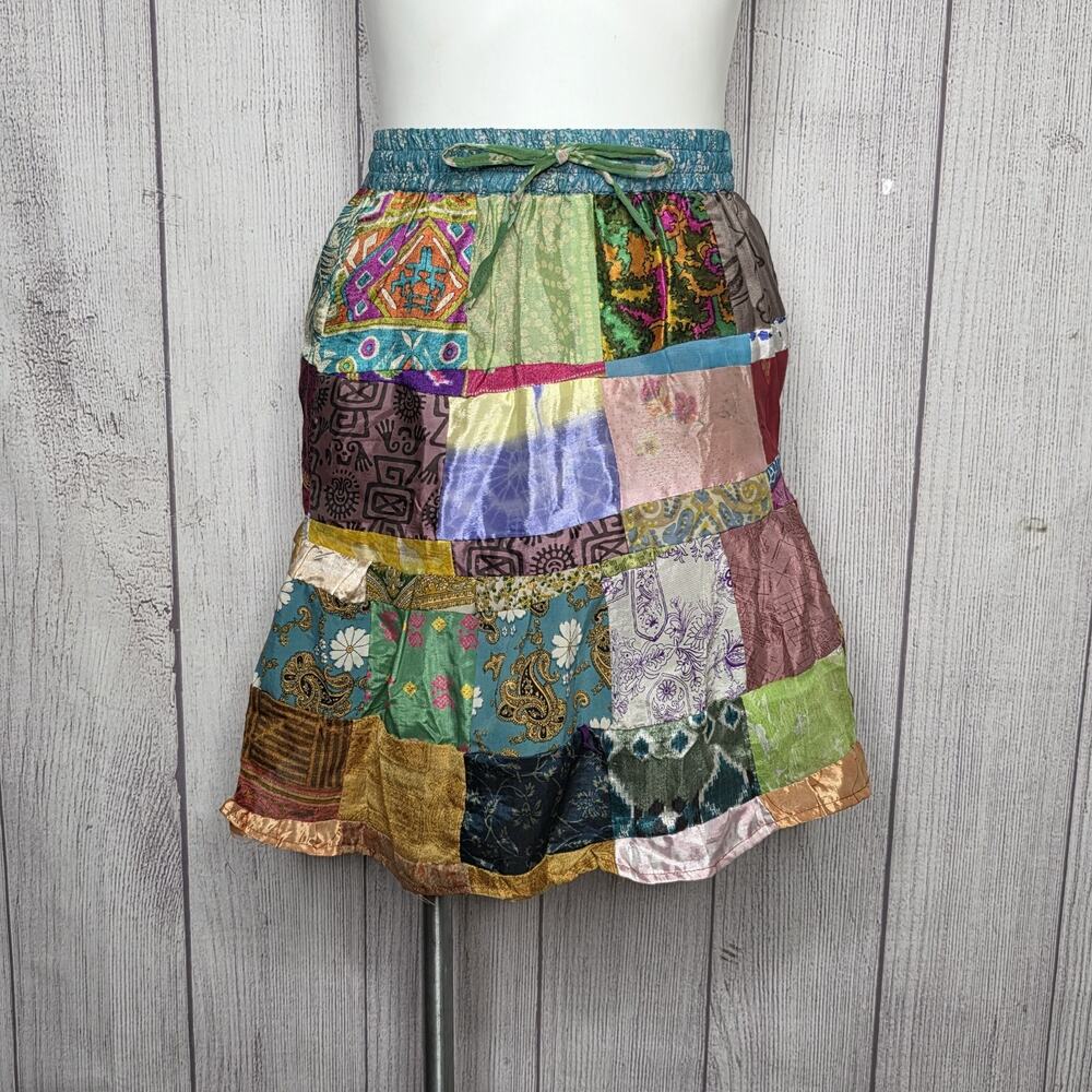 Silk Patchwork Mini Skirt Boho Hippie Festival India Drawstring Waist, sz Small